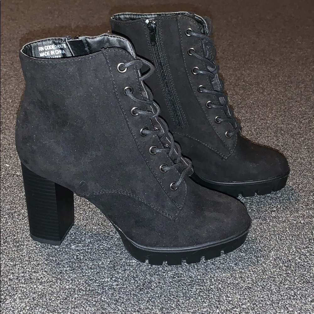 Heel black suede combat boots